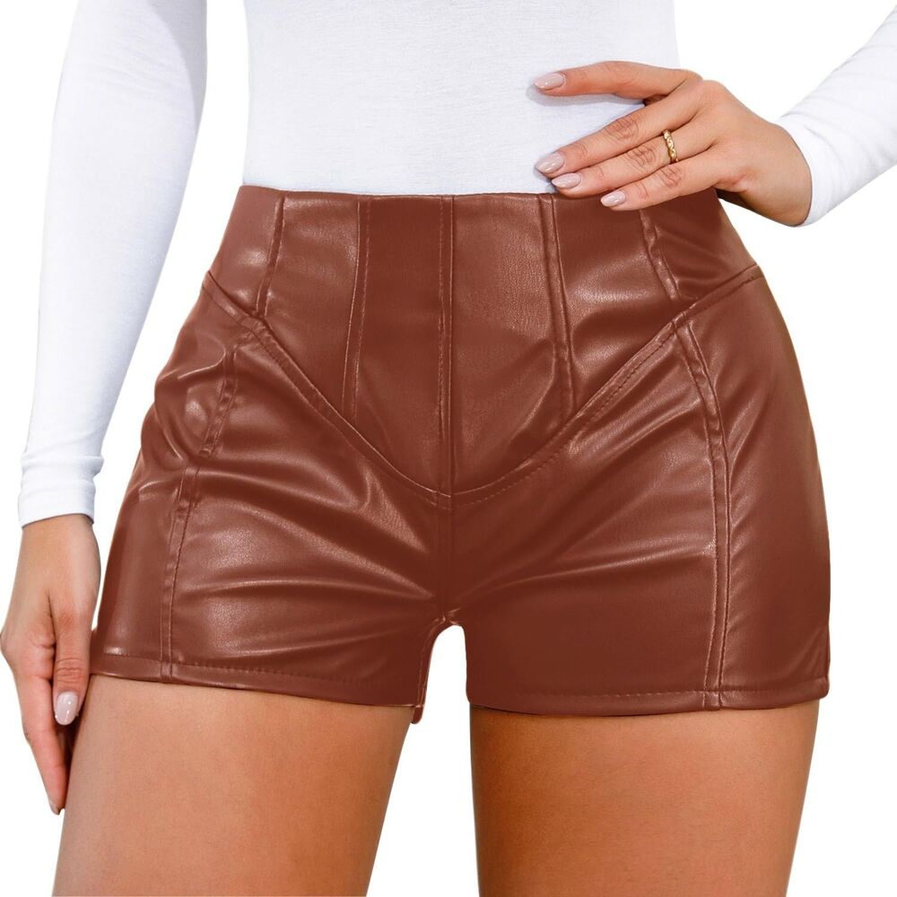 Cognac Brown Faux Leather‎ High Waisted Seamed Shorts Festival Clubwear